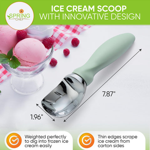 Spring Chef ice cream scoop close-up shows curved edge for curling scoops.