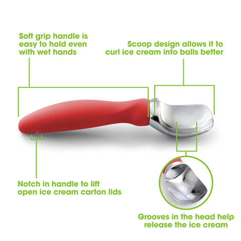 Spring Chef ice cream scoop curved edge creates perfect spheres.