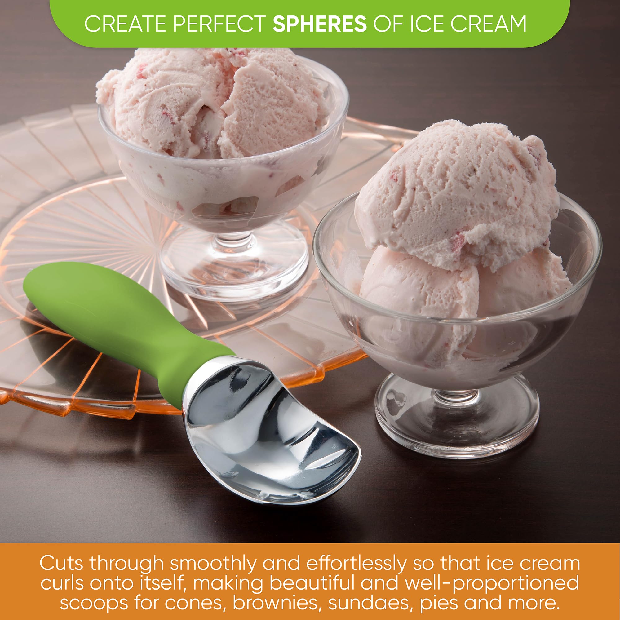Spring Chef ice cream scoop drops smooth scoops into bowls with minimal effort.