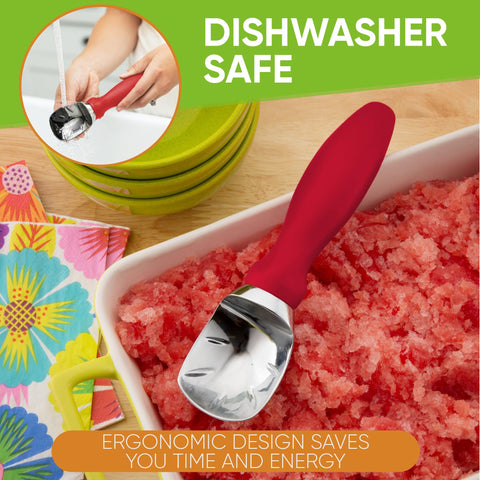 Spring Chef ice cream scoop ergonomic weight improves grip during long scooping sessions.