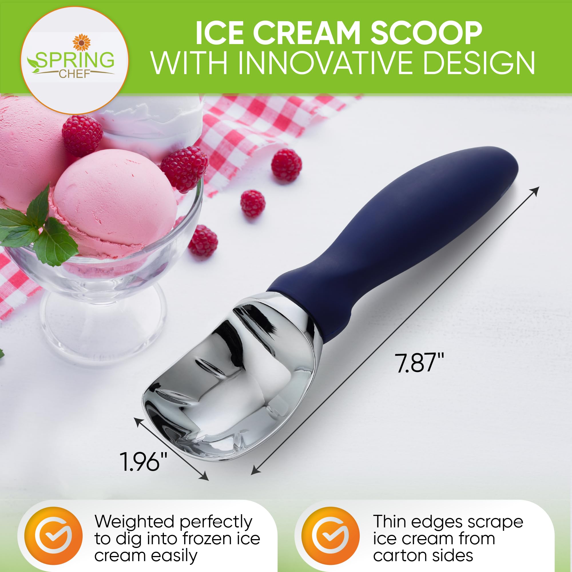 Spring Chef heavy-duty scoop for hard ice cream and dense desserts.