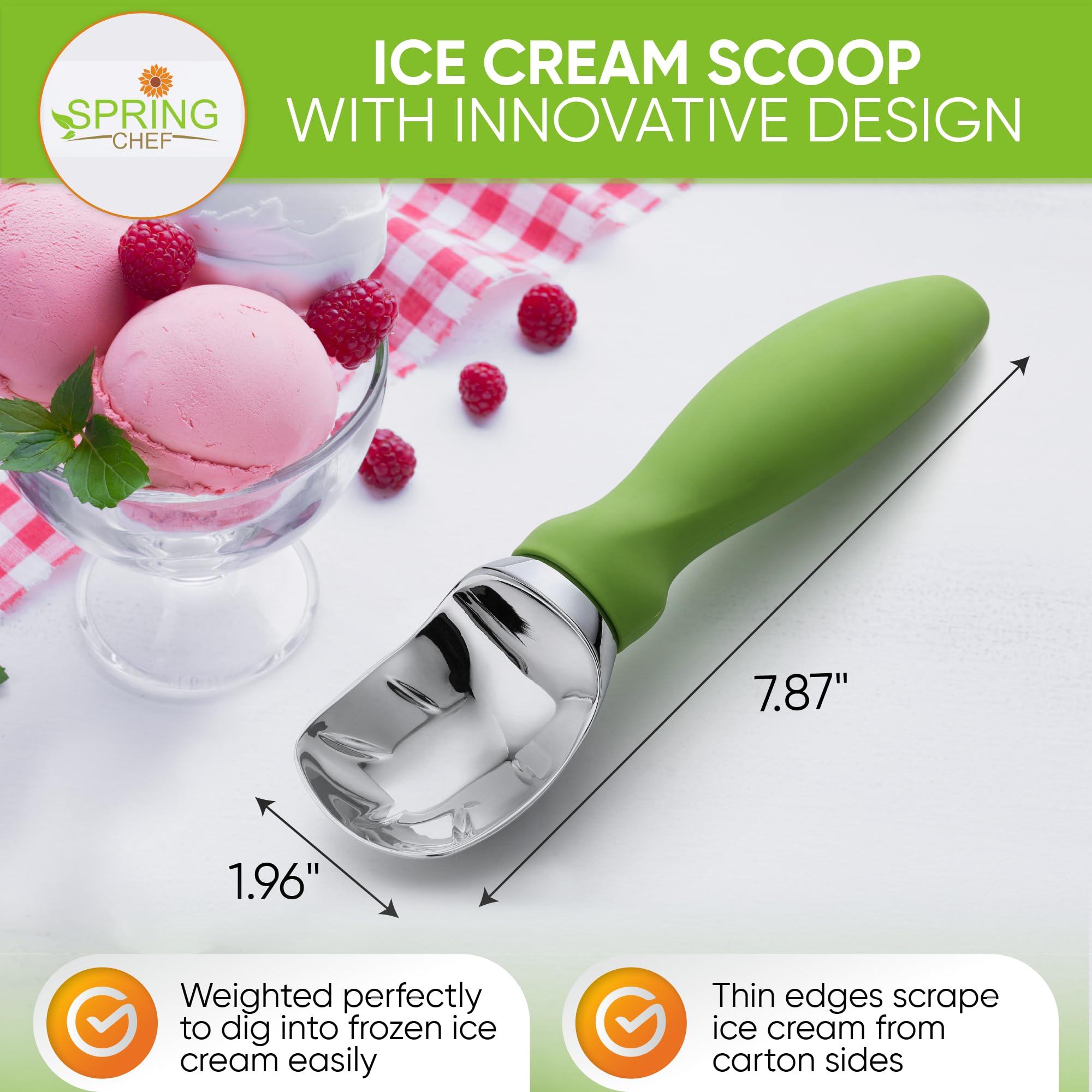 Spring Chef ice cream scoop with non-slip grip for comfortable, controlled scooping.