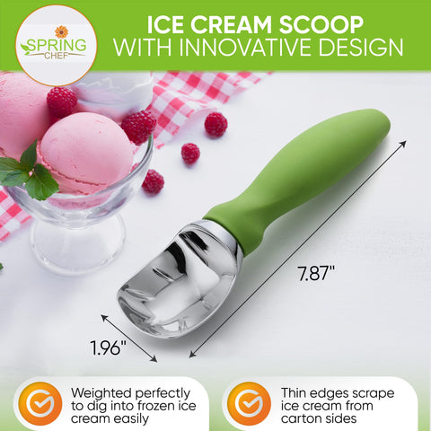 Spring Chef ice cream scoop with non-slip grip for comfortable, controlled scooping.