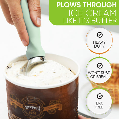 Spring Chef ice cream scoop reaches carton corners for full scoops.