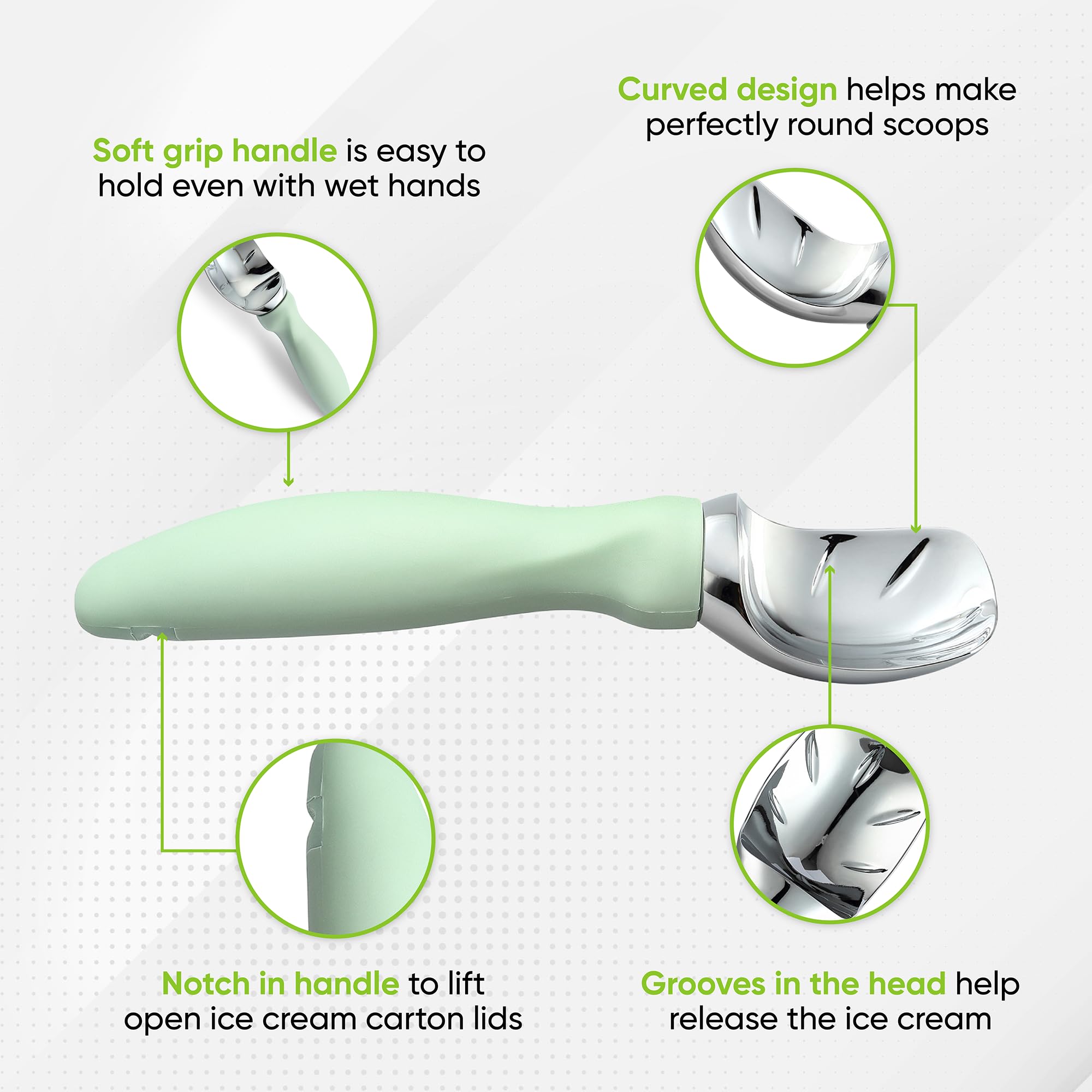 Spring Chef ice cream scoop features scoop-and-spade design for efficient scooping.