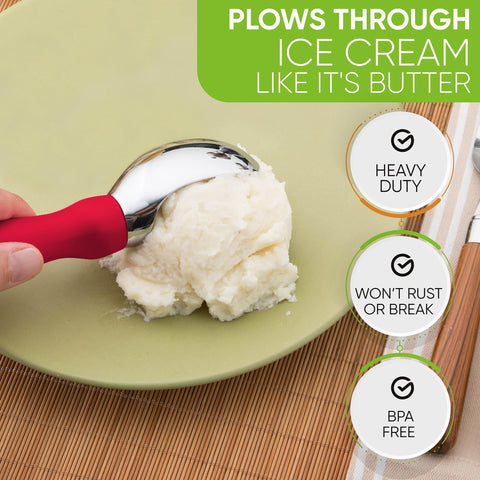 Spring Chef ice cream scoop combines scoop and spade design for scraping from corners.