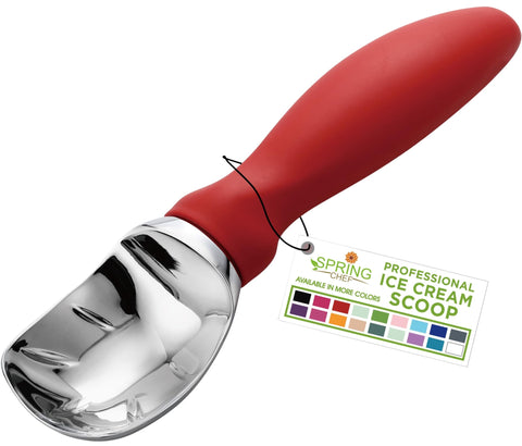 Spring Chef ice cream scoop with soft grip red for smooth scooping and comfortable use.
