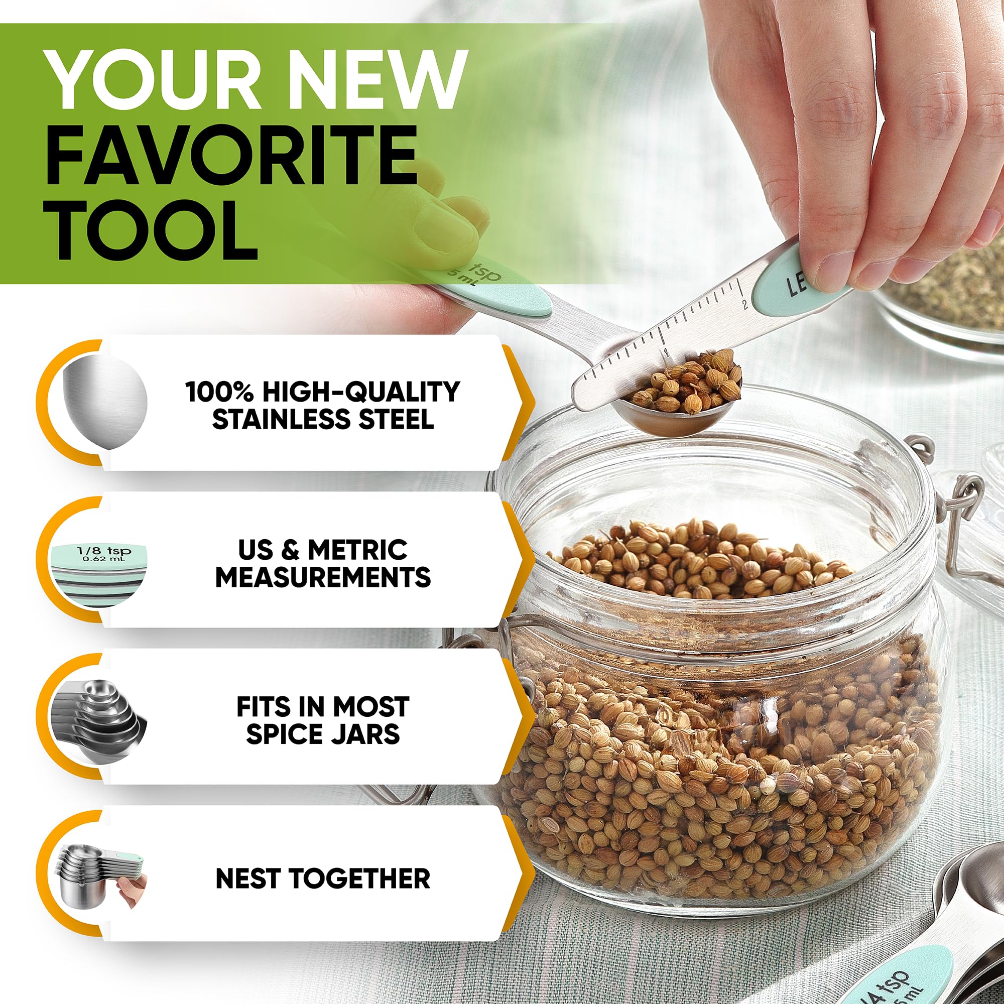 Spring Chef leveler included for precise first-try measuring