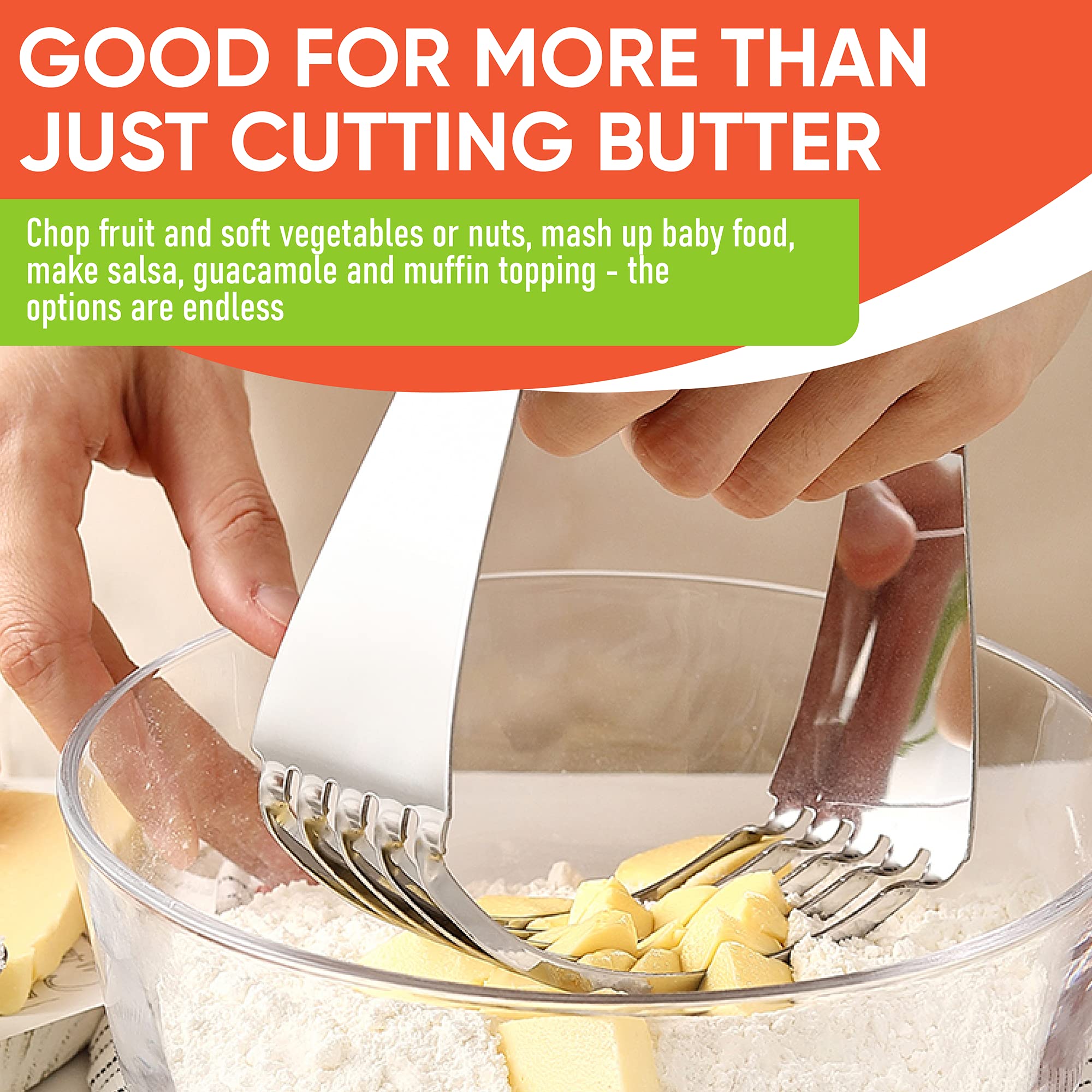 Spring Chef blades cutting through cold butter with precision