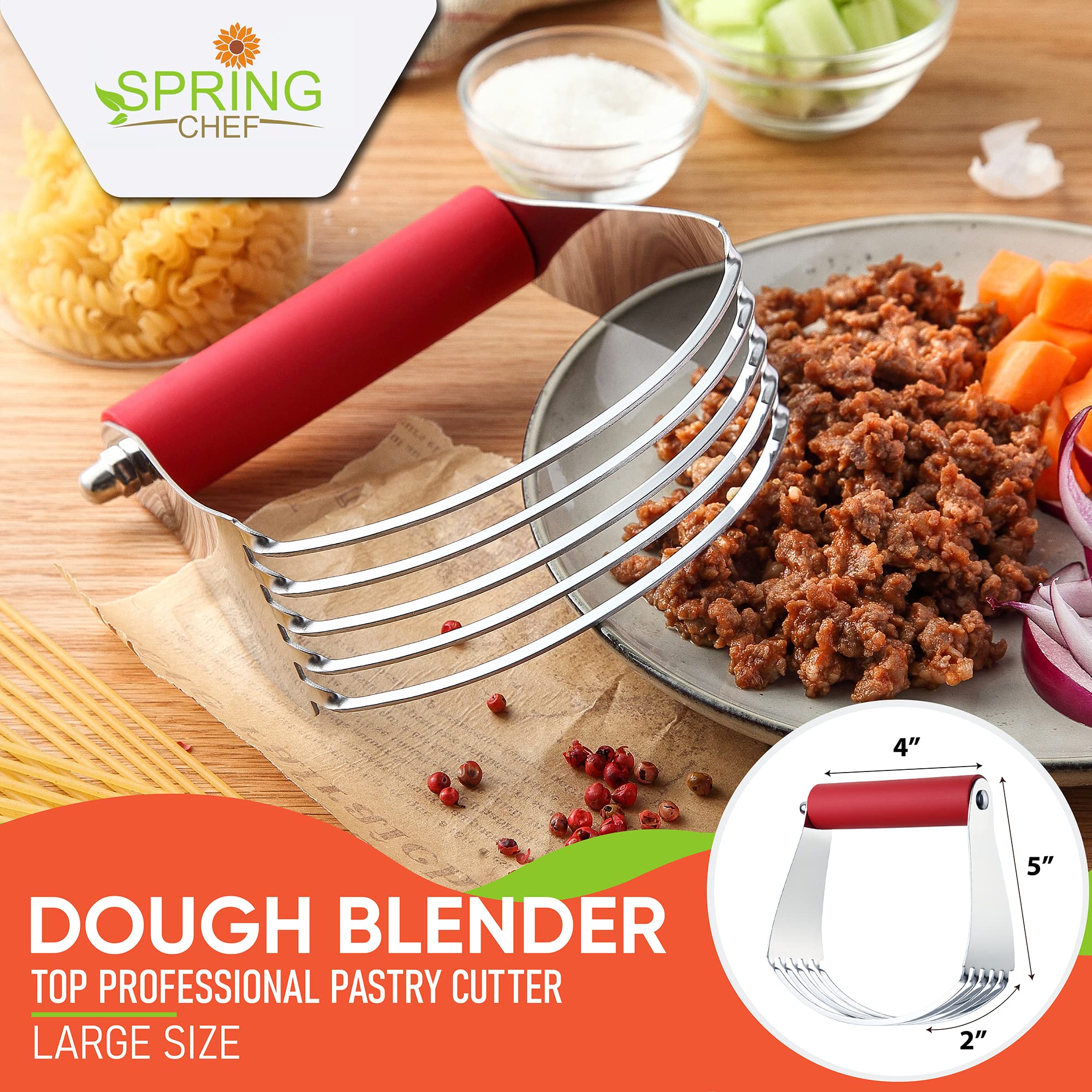 Spring Chef large red dough blender handle close-up showing ergonomic grip.