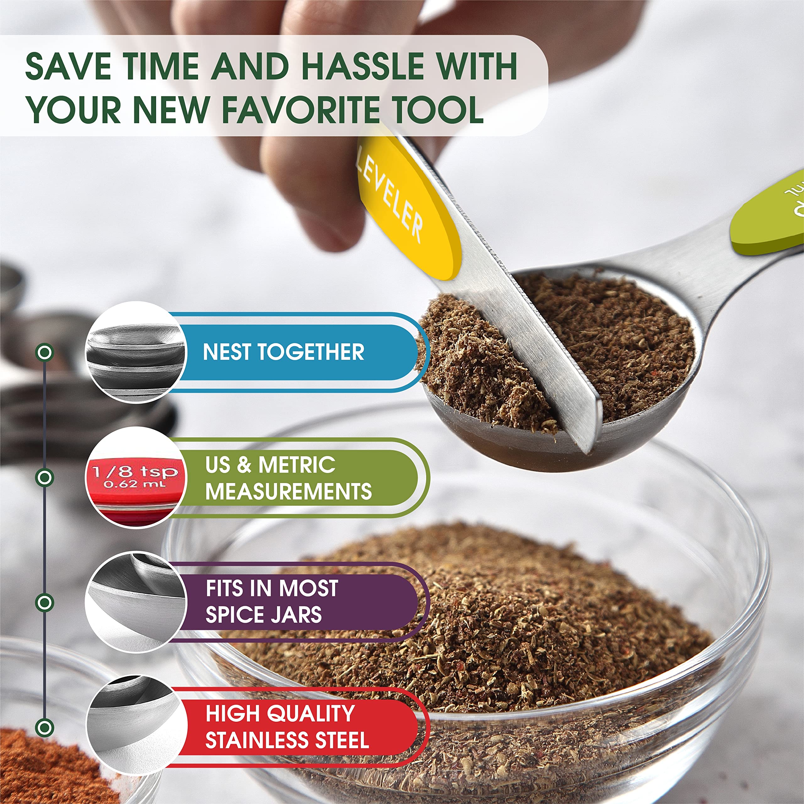 Spring Chef leveler included helps measure exact amounts the first time