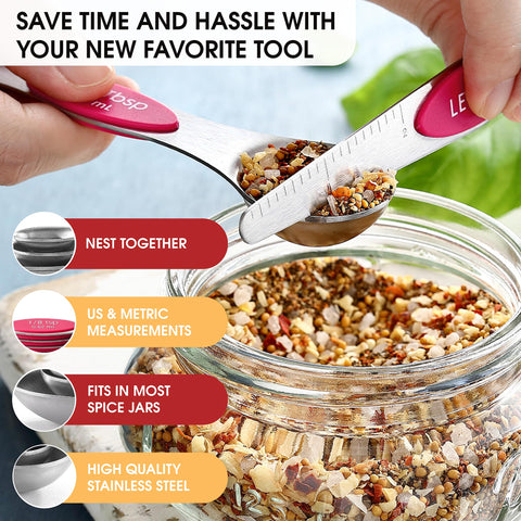 Spring Chef spoons include levelers for accurate first-time measurements.