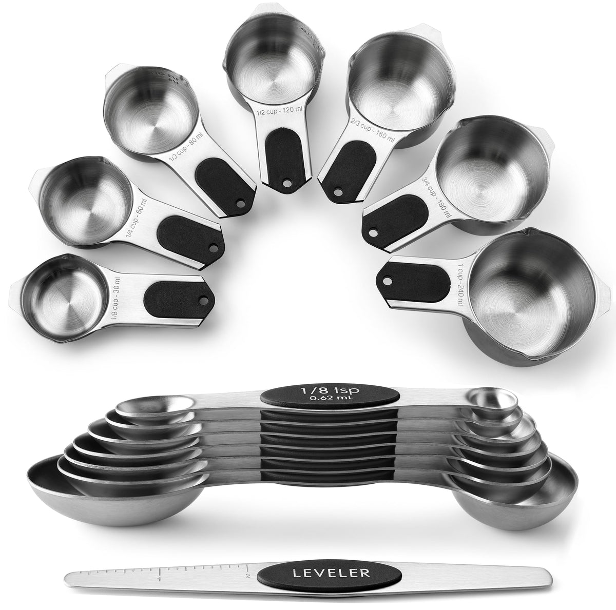 Spring Chef magnetic measuring cups and spoons nest for compact storage.