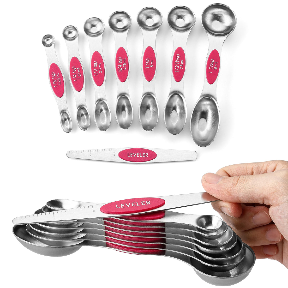 Spring Chef magnetic measuring spoons in pink with dual ends for spices and liquids.