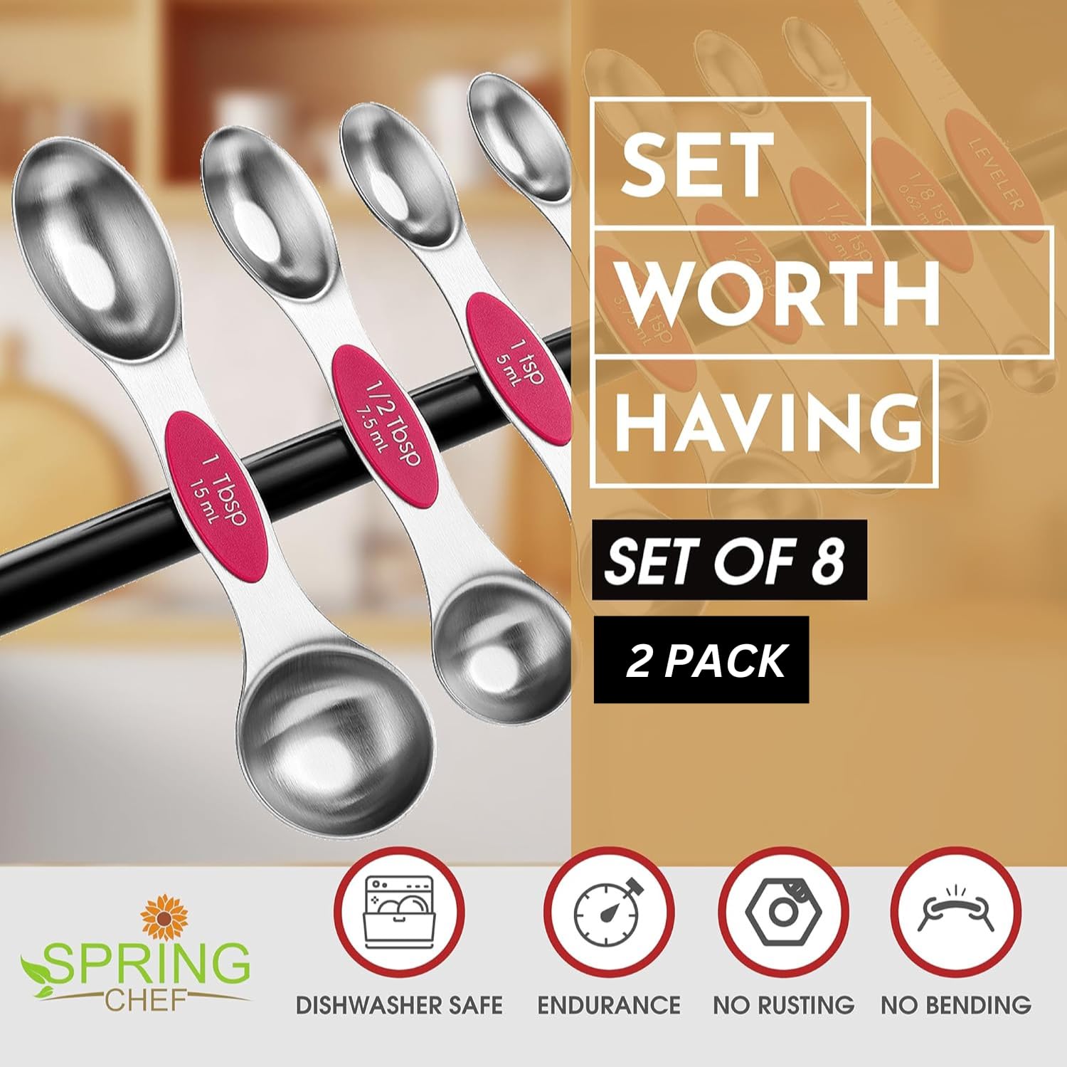 Spring Chef magnetic spoons stack neatly for easy kitchen storage.