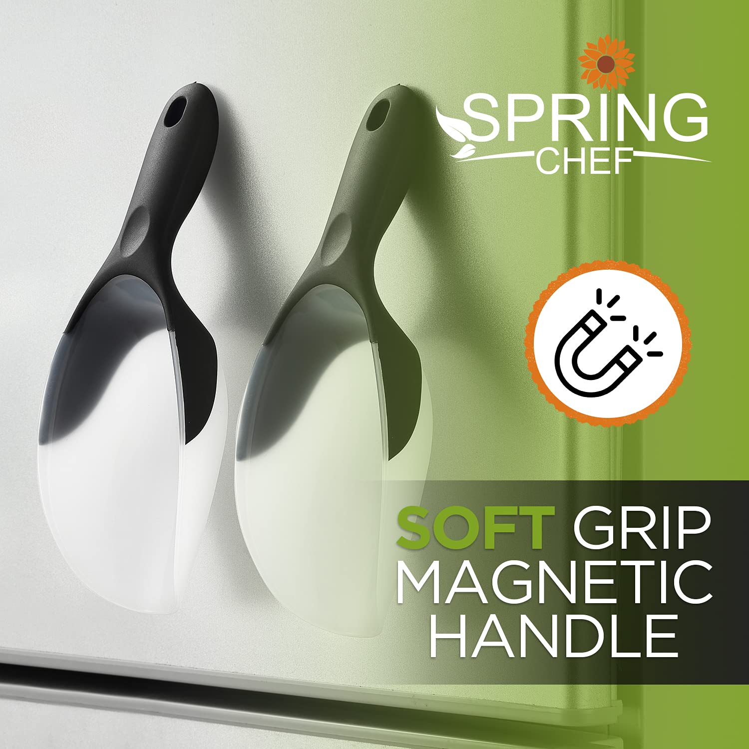 Spring Chef magnetic storage scoop hanging on magnetic strip.