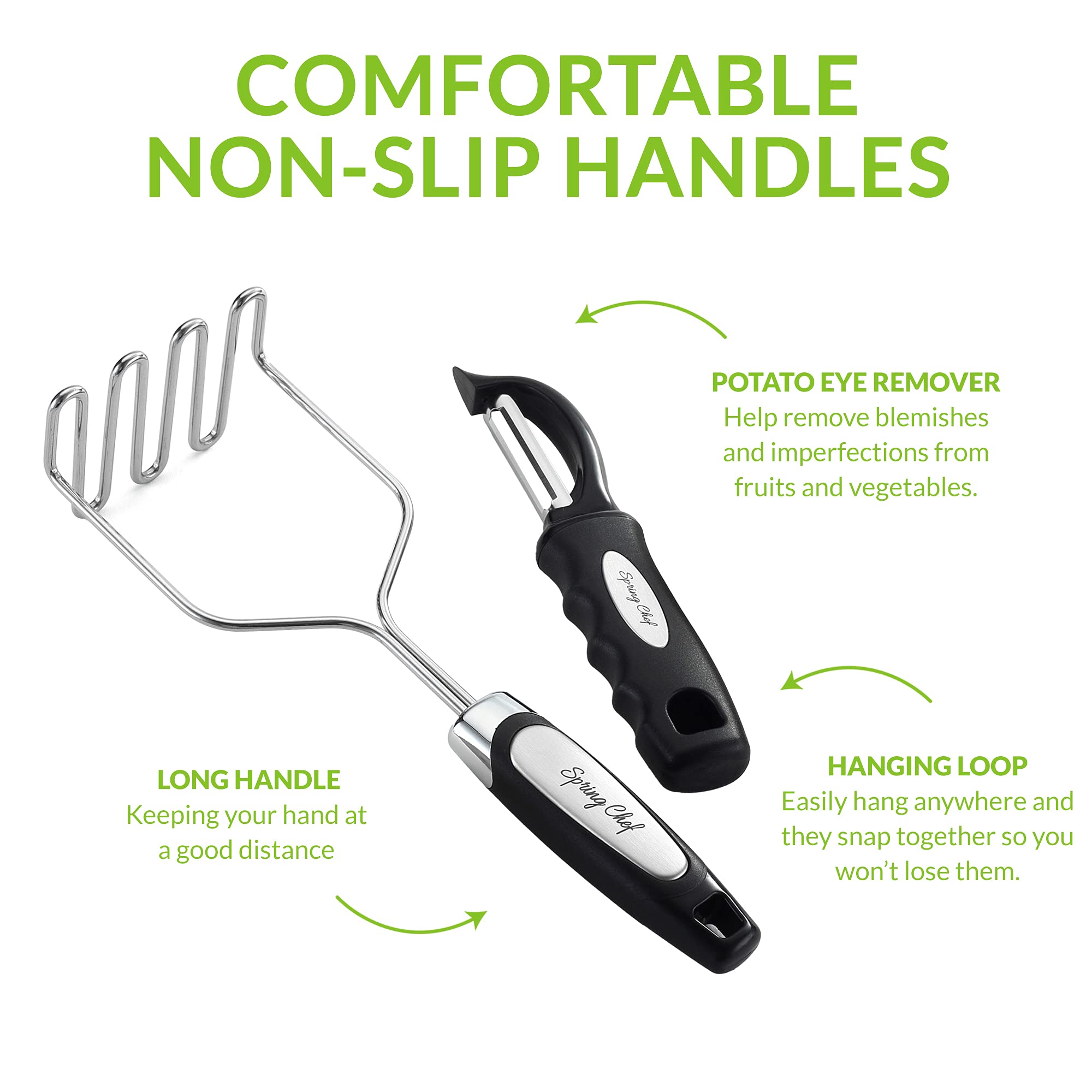 Spring Chef masher with long handle keeps hands away from heat.