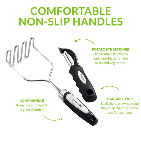 Spring Chef masher with long handle keeps hands away from heat.