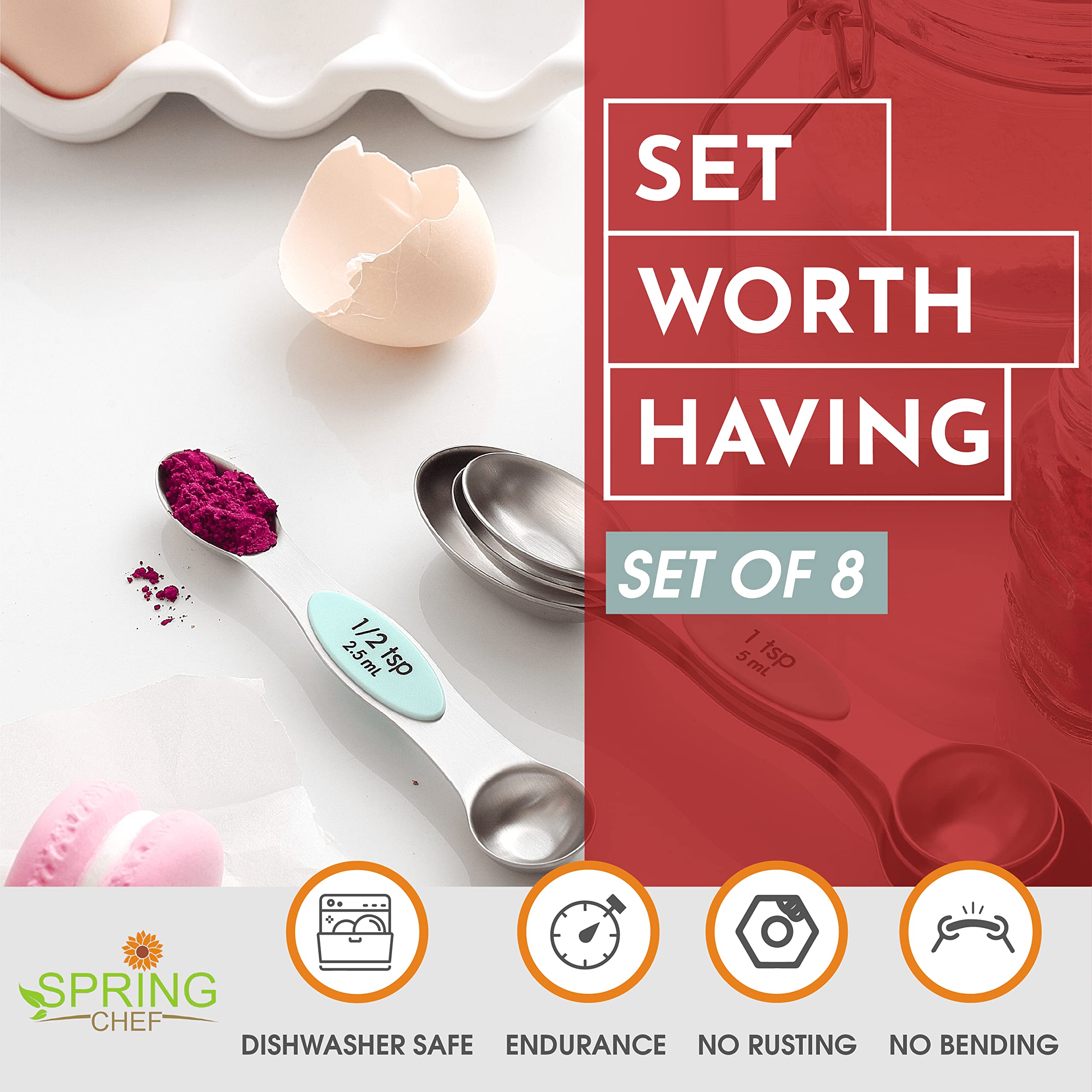 Spring Chef measuring spoons offer magnetic latch for one-at-a-time precision.
