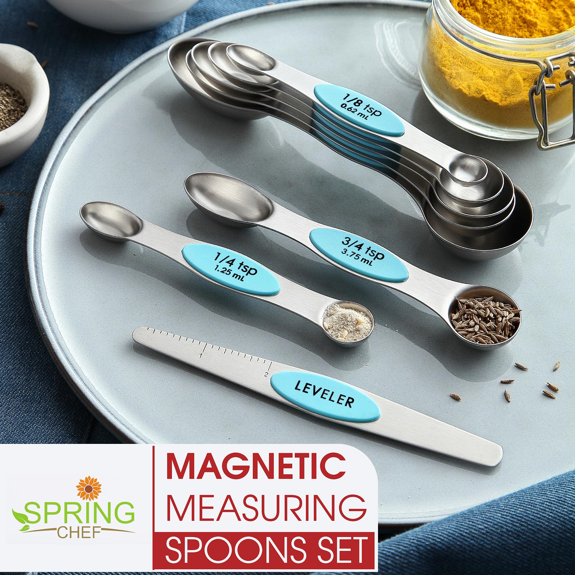 Spring Chef narrow-end spoon fits spice jars for clean scoops.