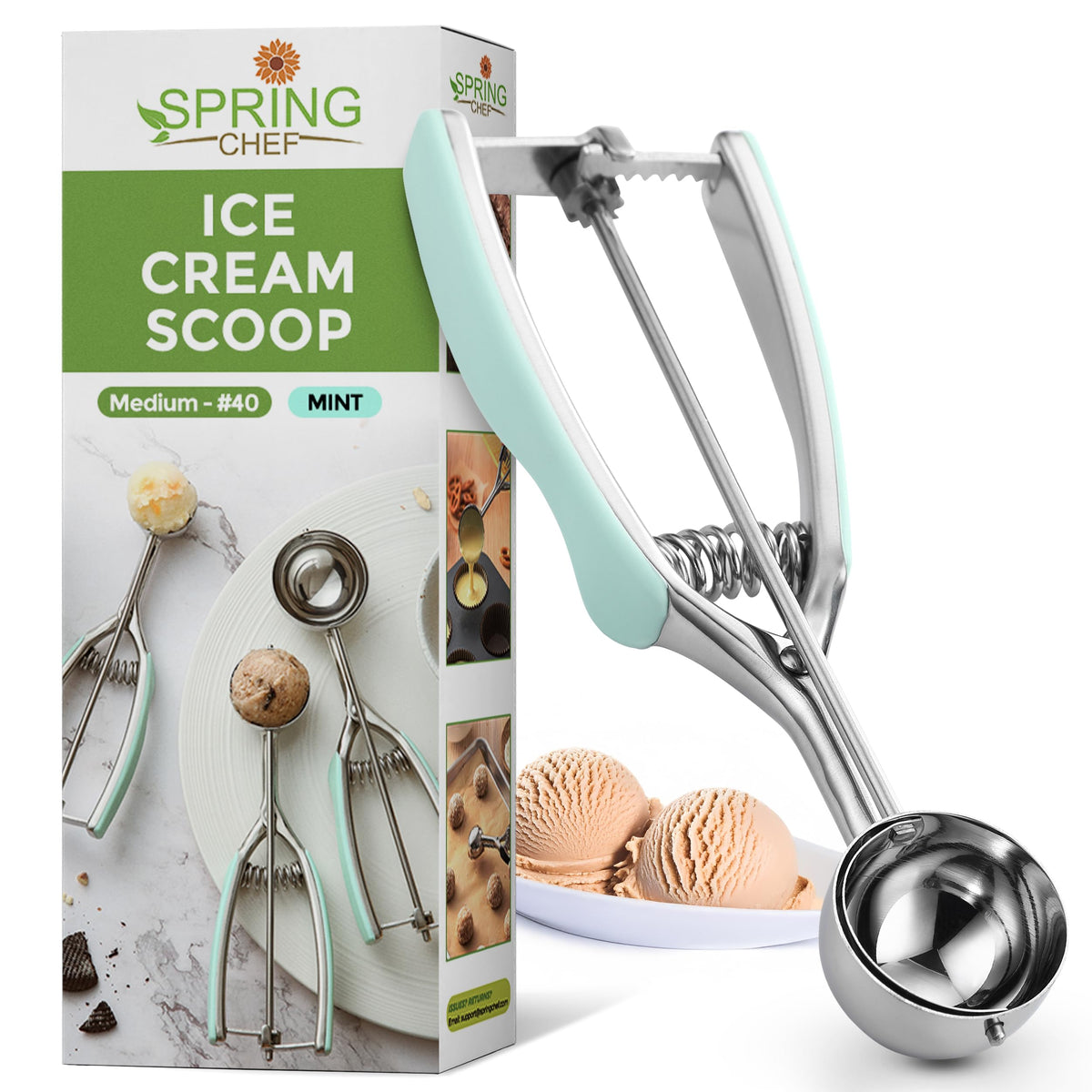 Spring Chef cookie scoop with trigger release for uniform 2.75-inch cookies.