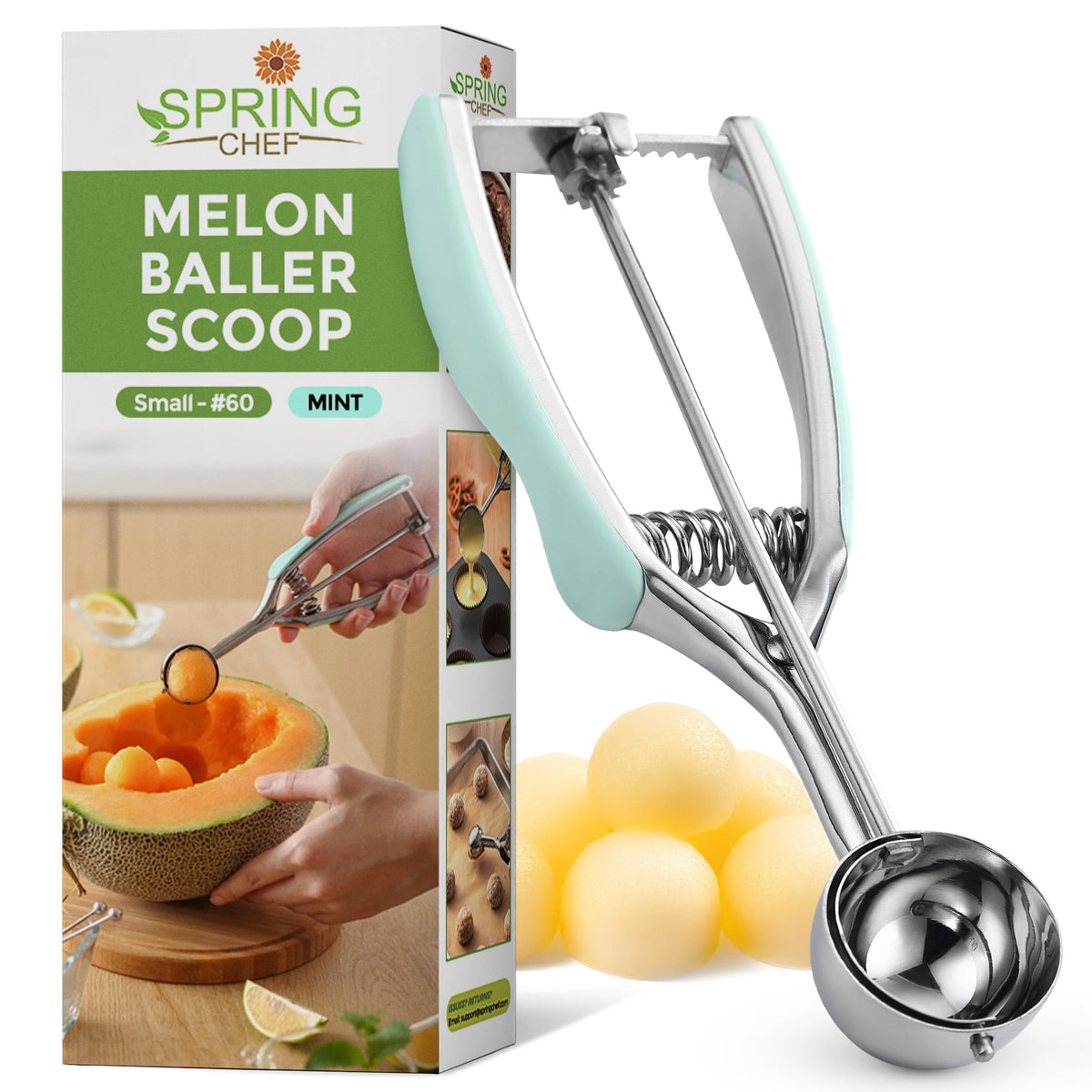 Spring Chef mint small cookie scoop bowl demonstrates uniform cookies and clean release.