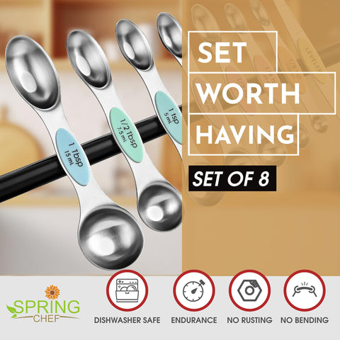 Spring Chef oval-end spoon fits spice jars for precise dry measuring.