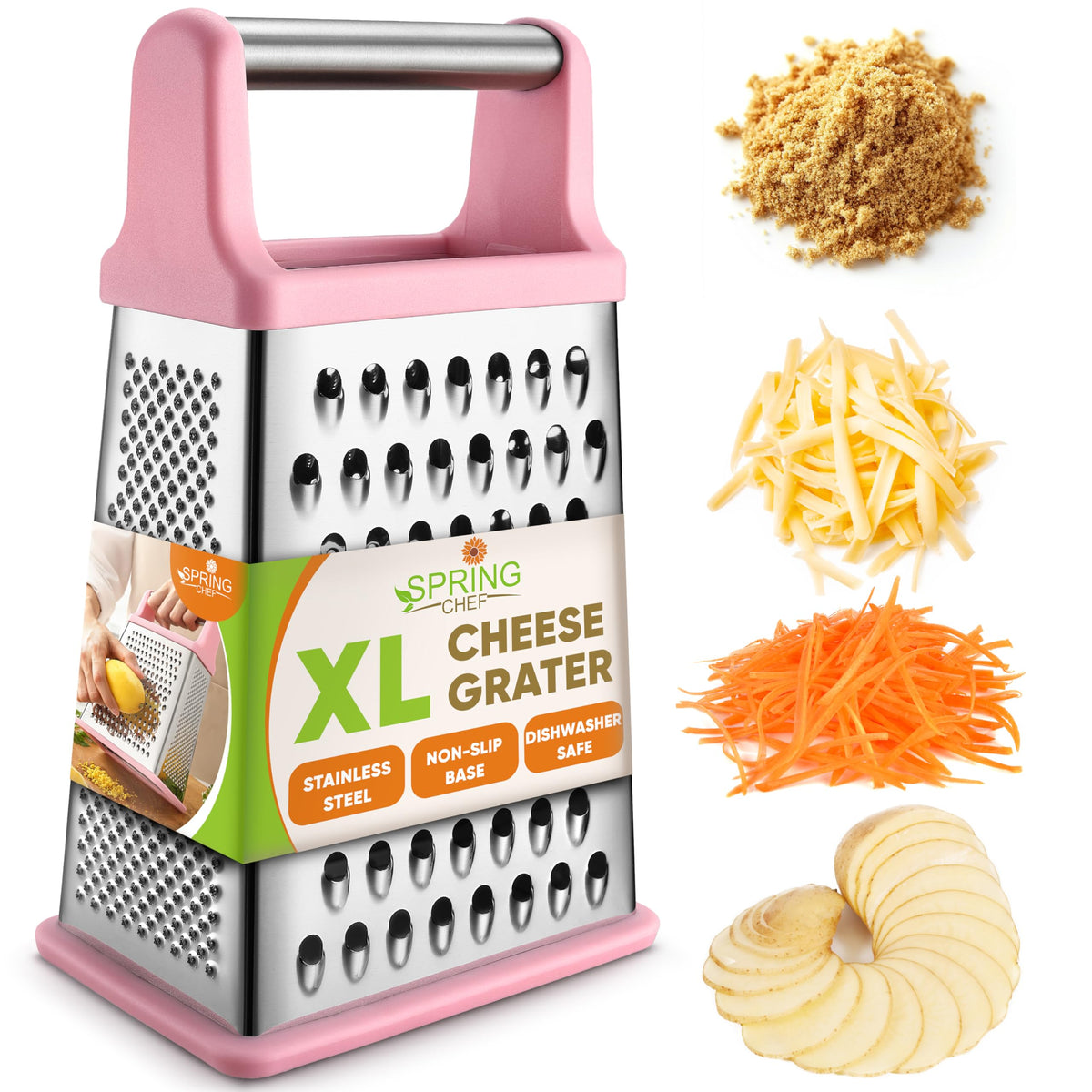 Spring Chef parmesan grater with handle enables easy, controlled shredding of cheese.