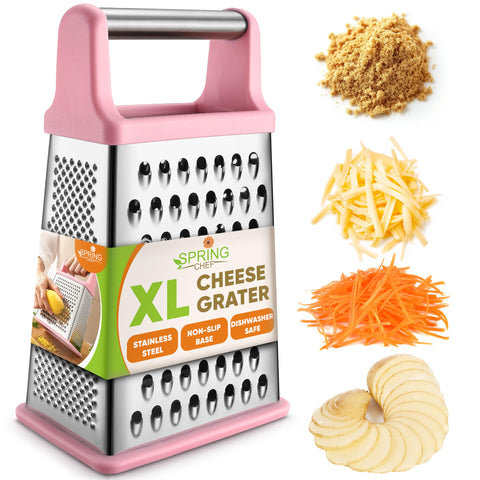 Spring Chef parmesan grater with handle enables easy, controlled shredding of cheese.