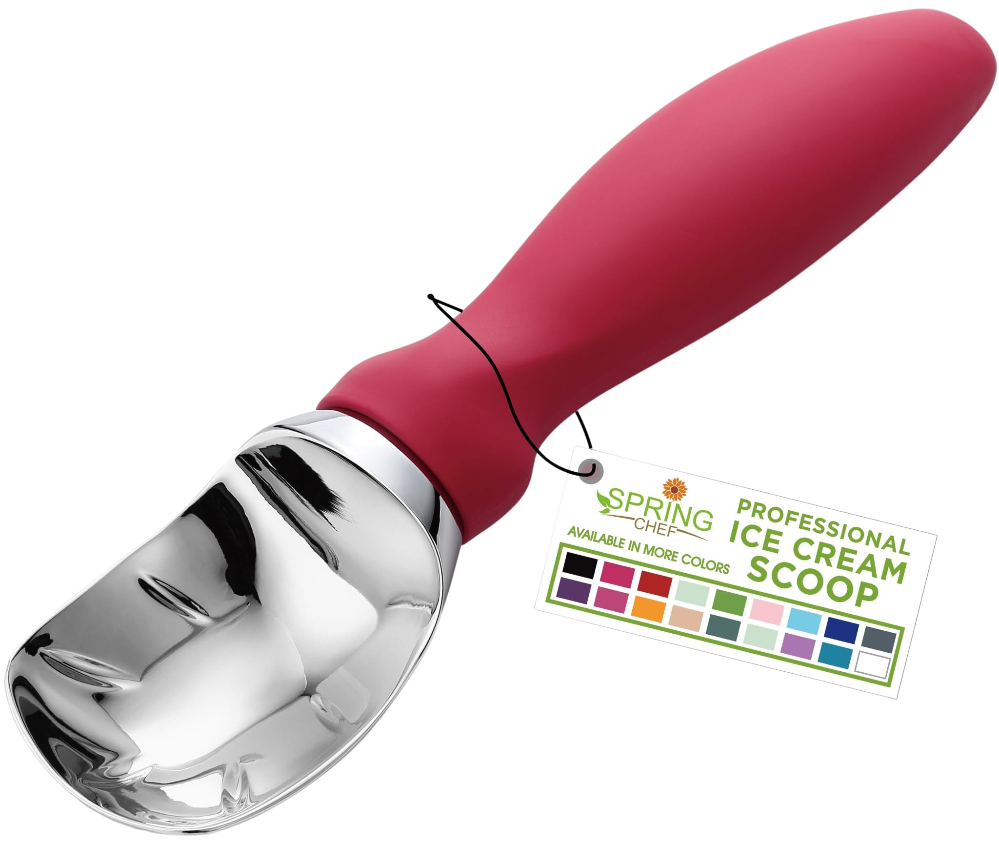 Spring Chef pink heavy-duty ice cream scoop with soft grip handle for easy scooping.