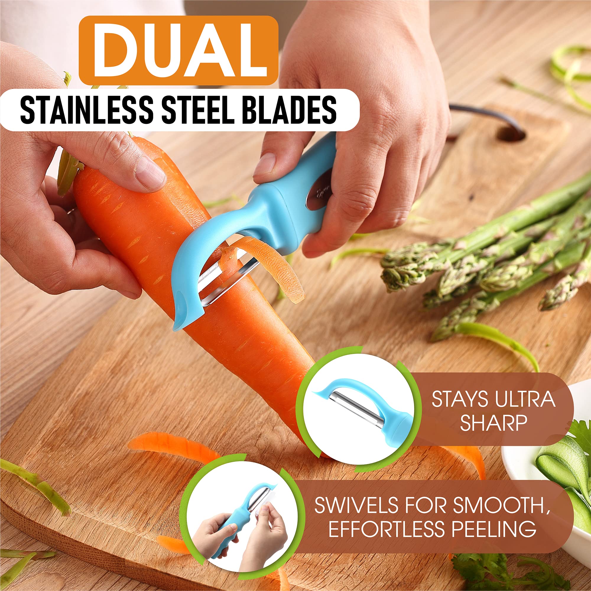 Spring Chef peeler Aqua Sky showing built-in blemish remover for precise prep