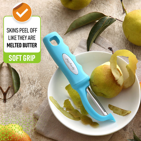 Spring Chef dual stainless blades in Aqua Sky deliver precise peeling