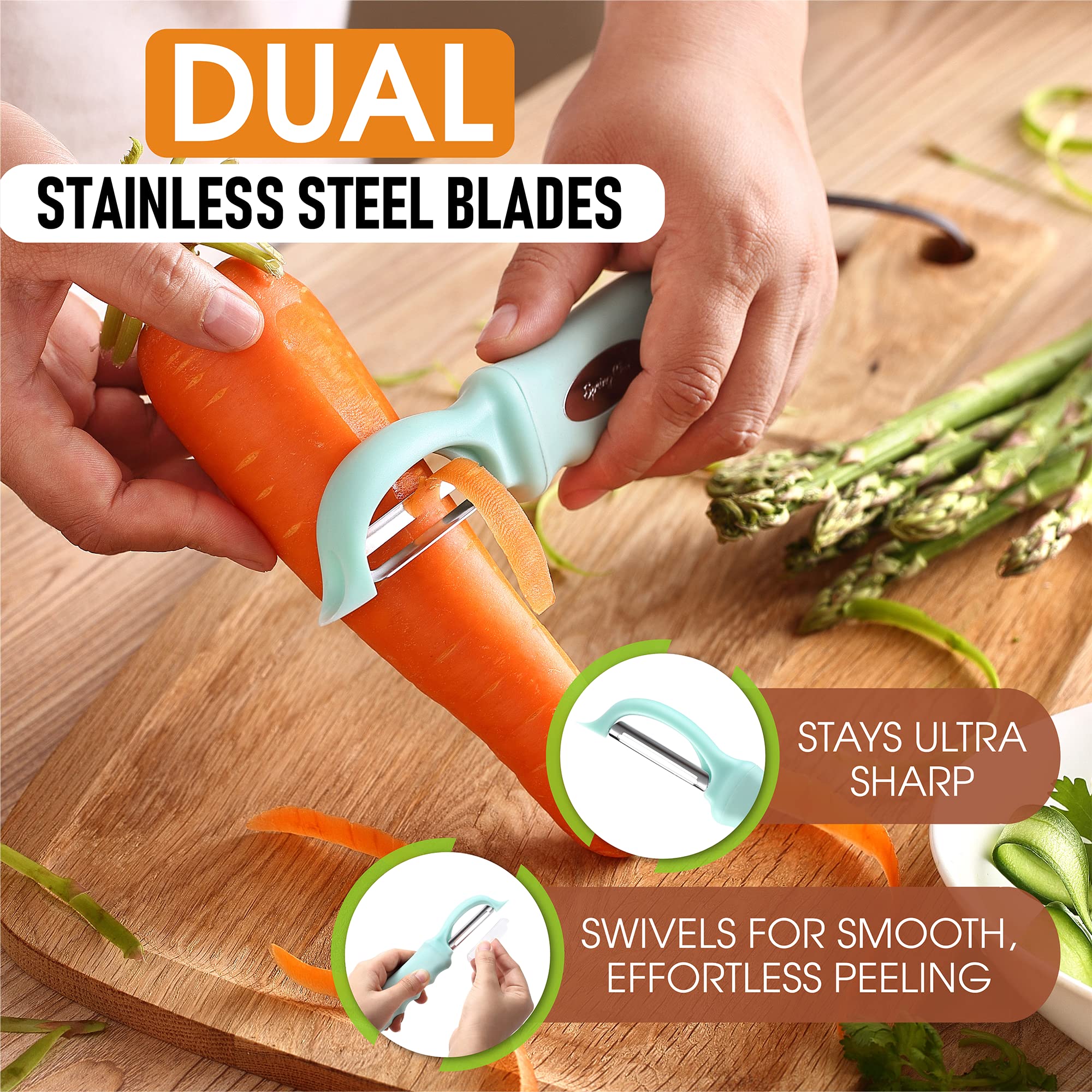 Spring Chef dual-blade peeler in mint supports precise peeling and blemish removal.