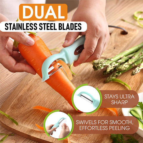 Spring Chef dual-blade peeler in mint supports precise peeling and blemish removal.