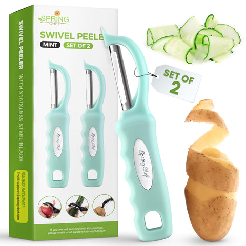 Spring Chef premium peeler with soft grip handles for effortless peeling of apples.