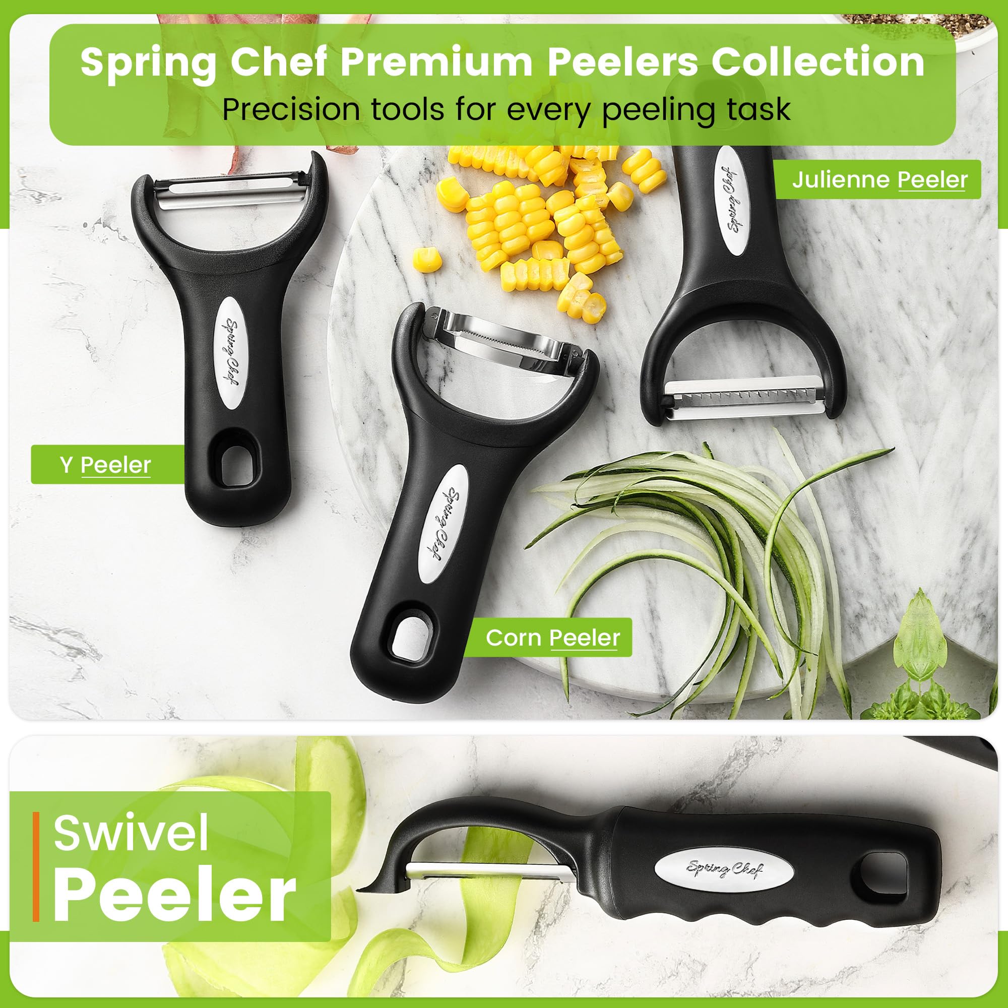 Spring Chef peeler in action peeling carrots and potatoes