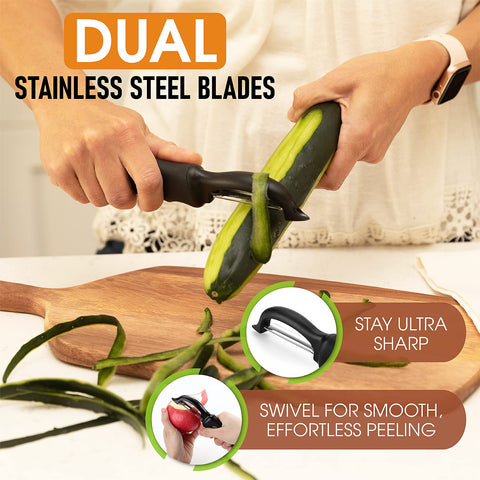 Spring Chef peeler close-up on ultra sharp blades for precise peeling