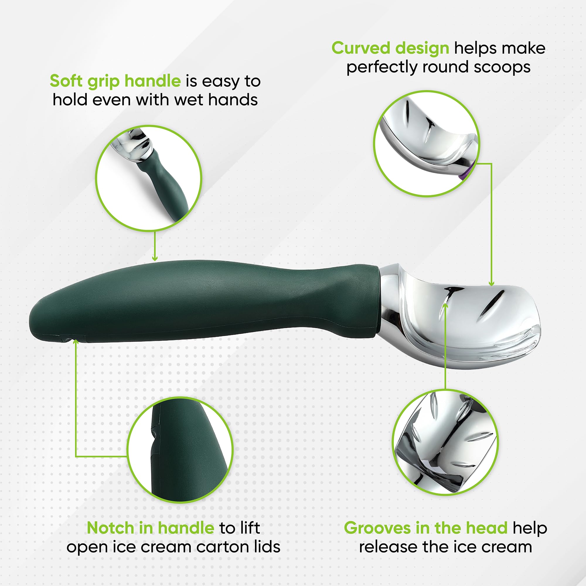 Spring Chef curved scoop design creates neat curls and even portions for desserts.
