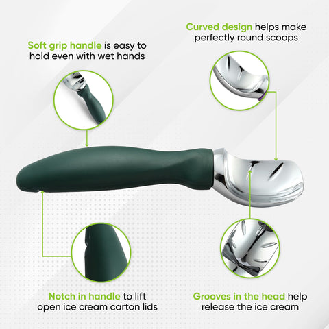 Spring Chef curved scoop design creates neat curls and even portions for desserts.