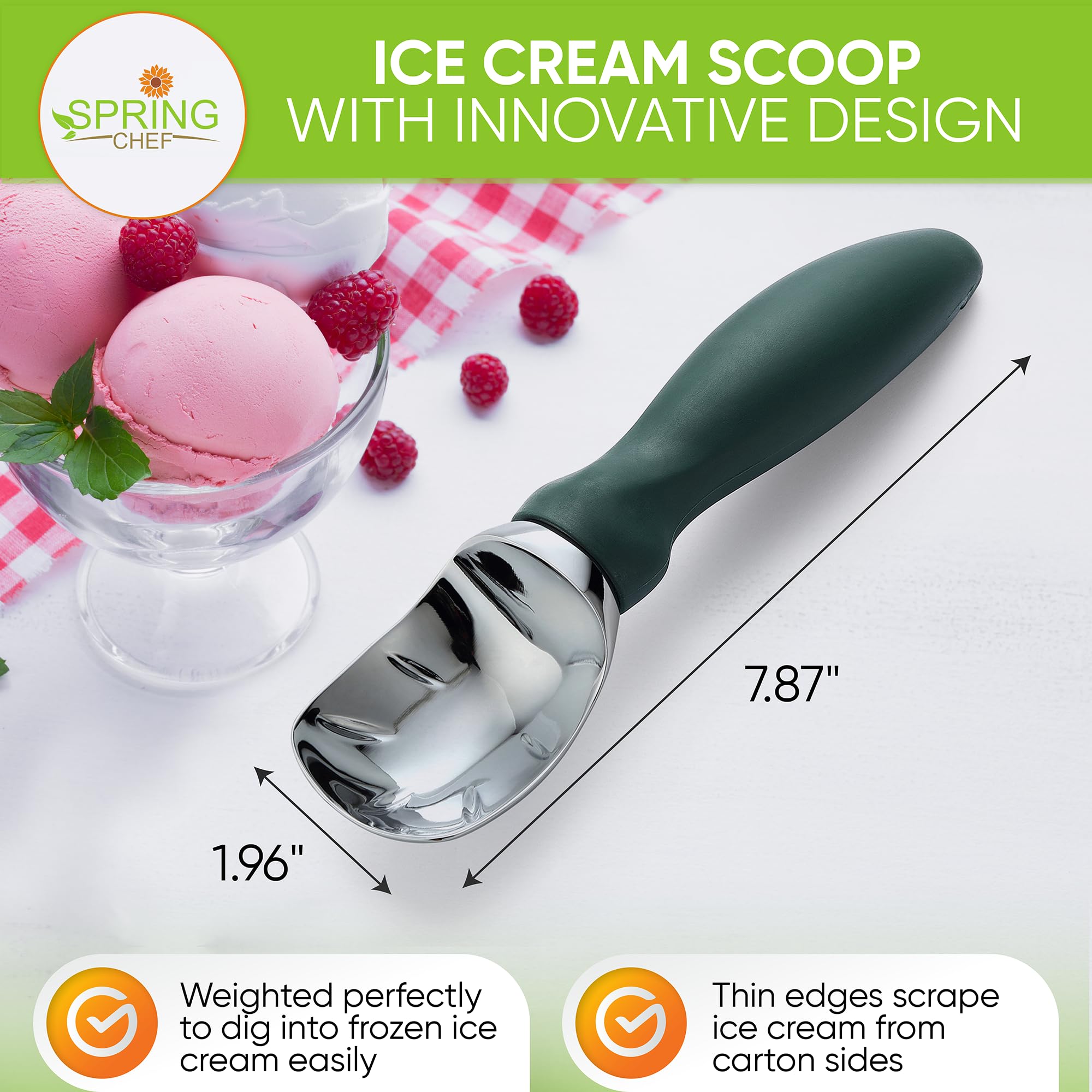Spring Chef soft grip handle closeup highlighting comfortable grip for long scooping sessions.