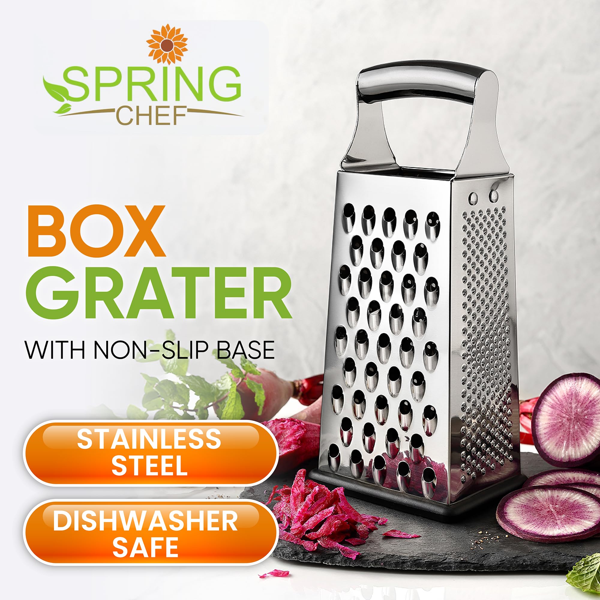 Spring Chef professional four-sided grater closeup highlights versatile shredding options.