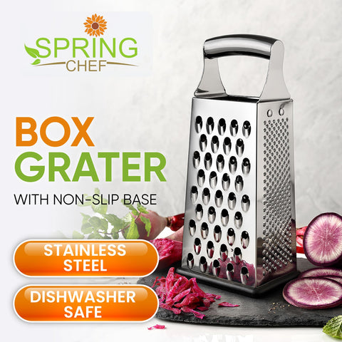 Spring Chef professional four-sided grater closeup highlights versatile shredding options.