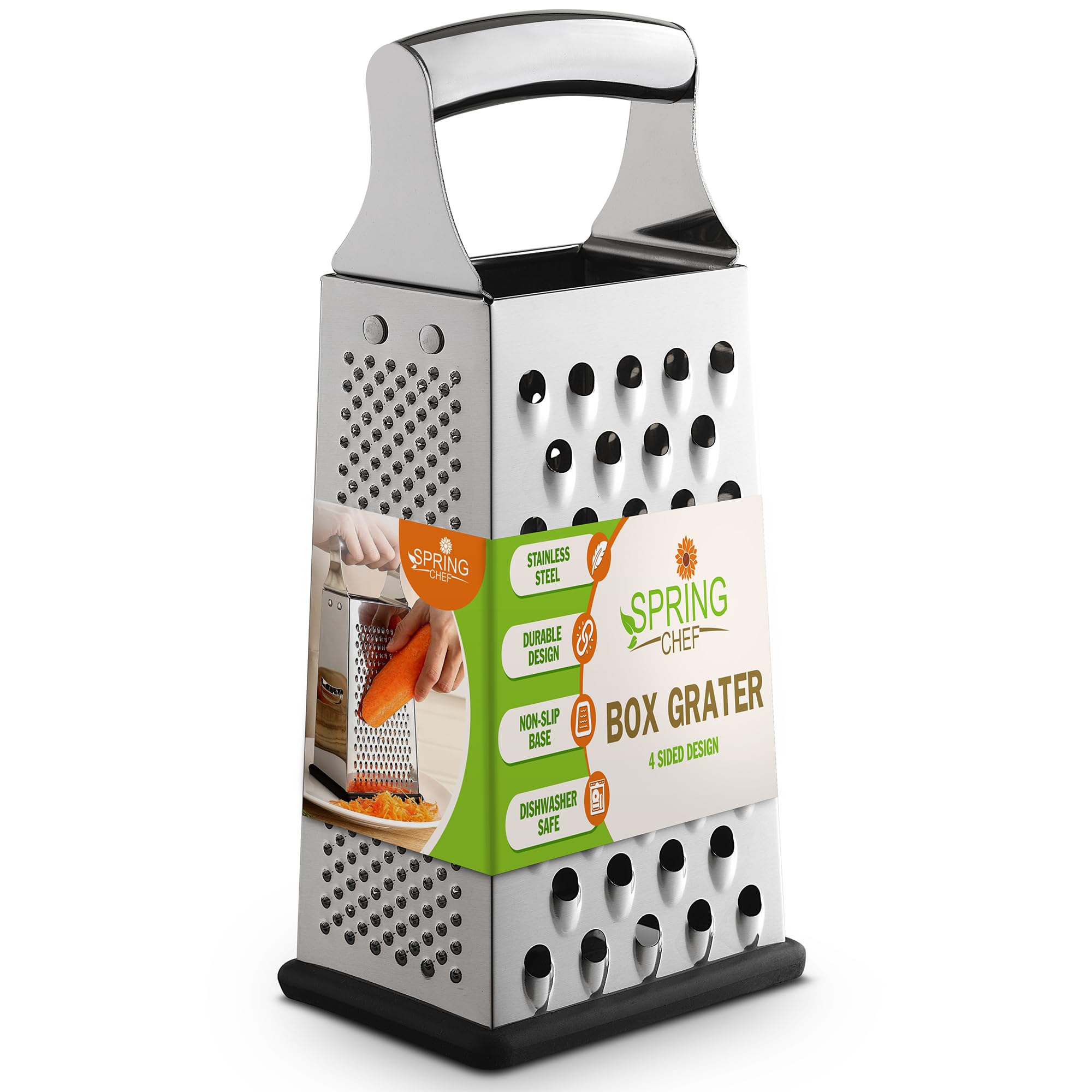 Spring Chef Professional large parmesan grater in full view with a sturdy handle for easy use.
