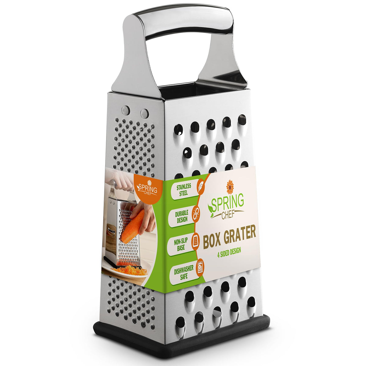 Spring Chef Professional large parmesan grater in full view with a sturdy handle for easy use.