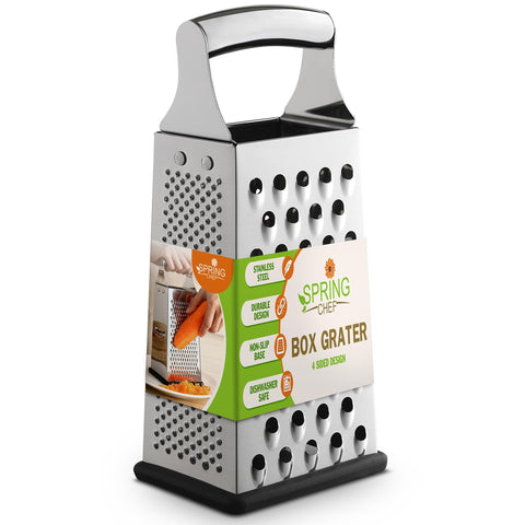 Spring Chef Professional large parmesan grater in full view with a sturdy handle for easy use.