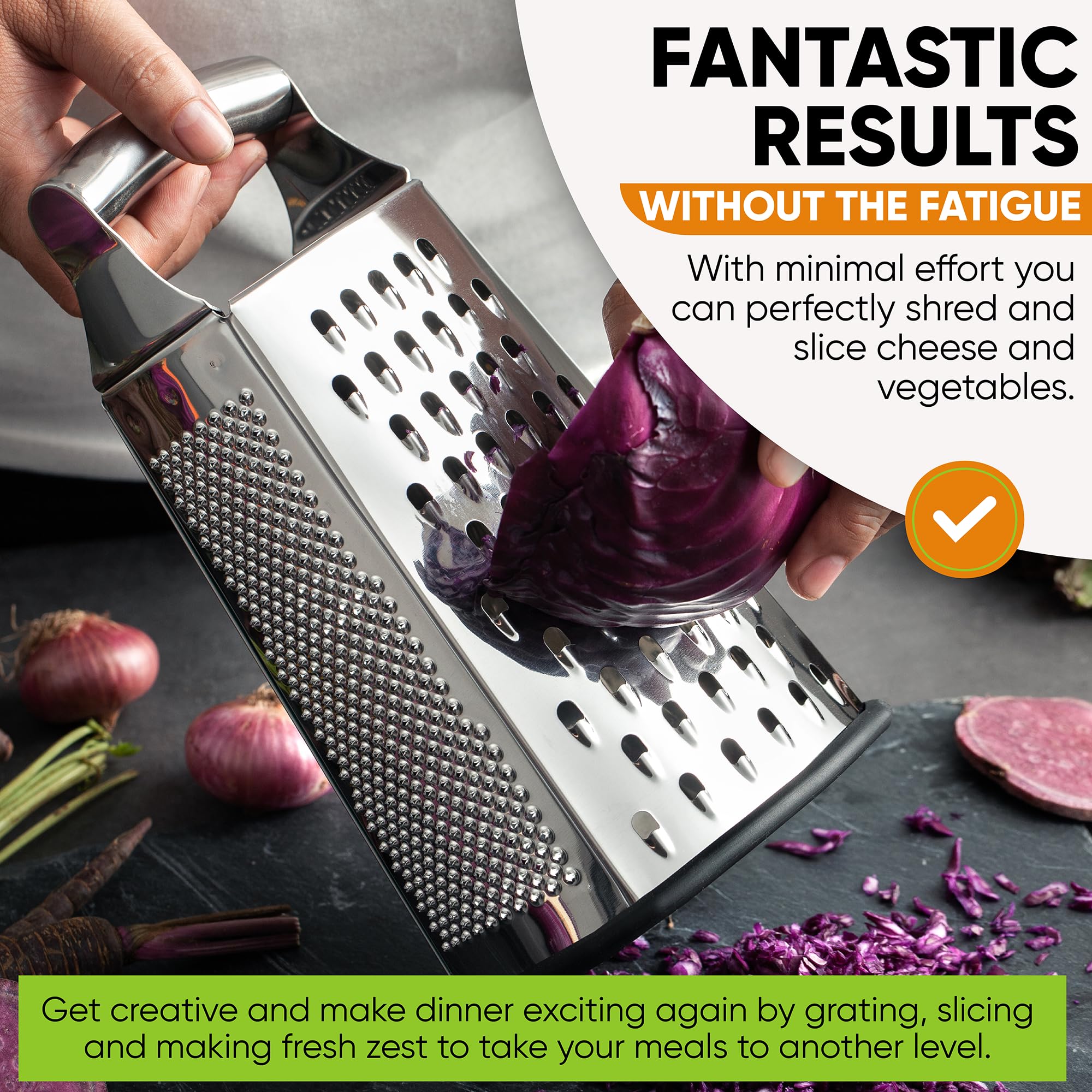 Spring Chef parmesan grater handle grip closeup shows comfortable, non-slip control during prep.