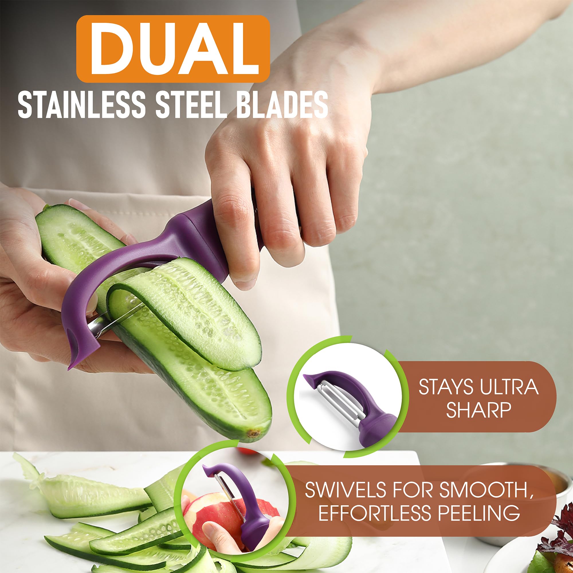 Spring Chef Professional Purple Swivel Peeler, blade closeup, ultra sharp for precise peeling