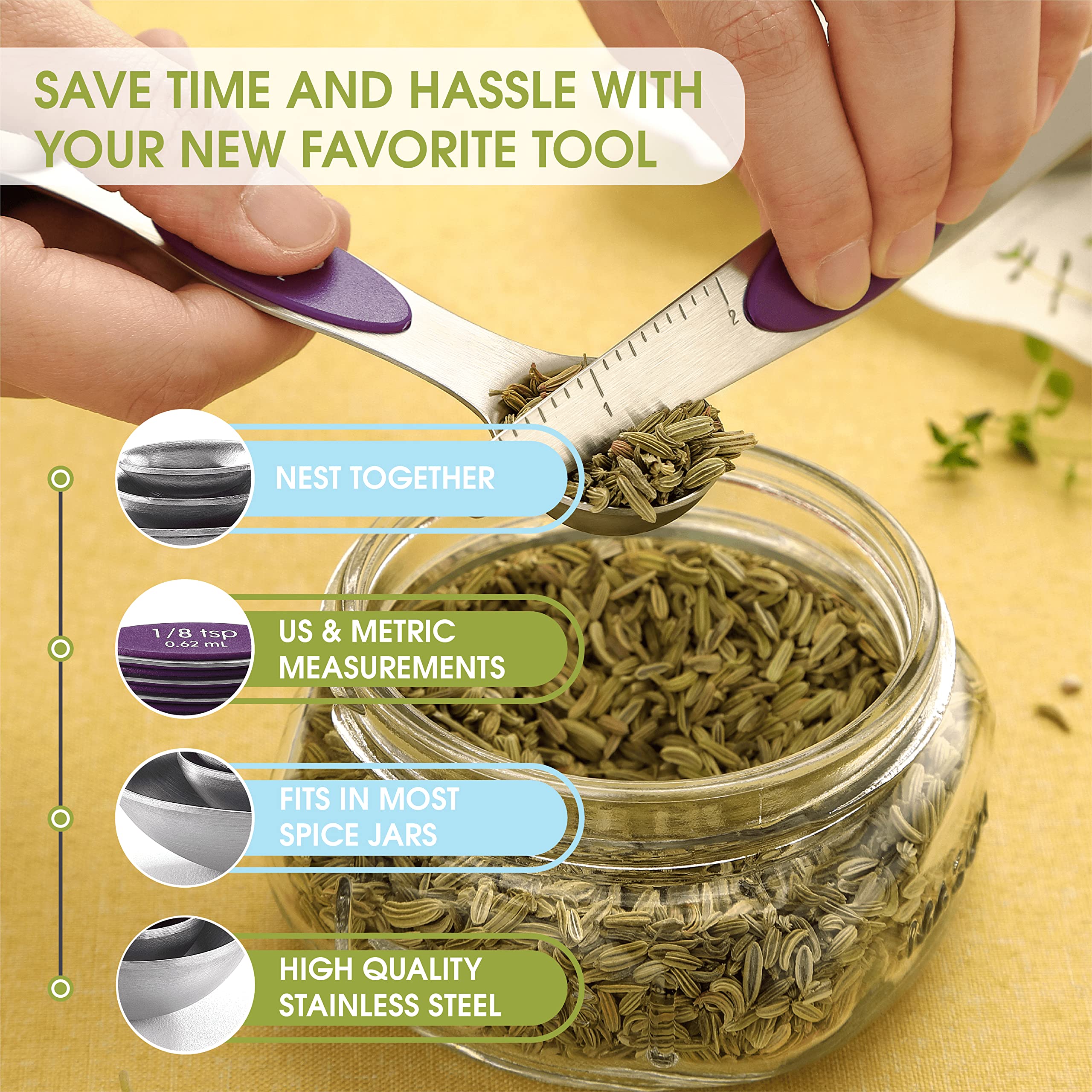 Spring Chef purple round-end spoons measure liquids easily