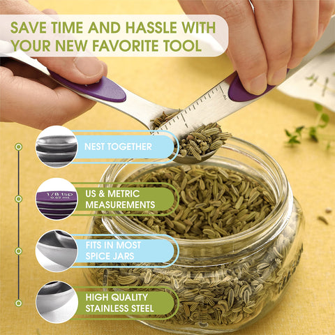 Spring Chef purple round-end spoons measure liquids easily