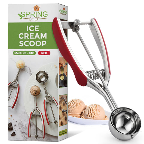 Spring Chef red cookie scoop with trigger release for uniform cookies.